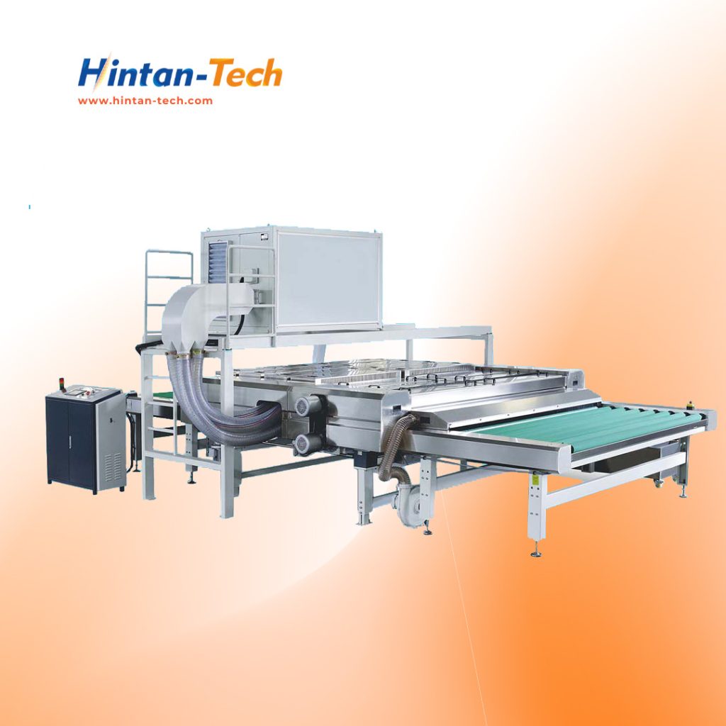 Hintan-Tech horizontal glass washing and drying machine with brushes and air knives in action