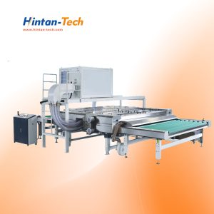 Hintan-Tech horizontal glass washing and drying machine with brushes and air knives in action