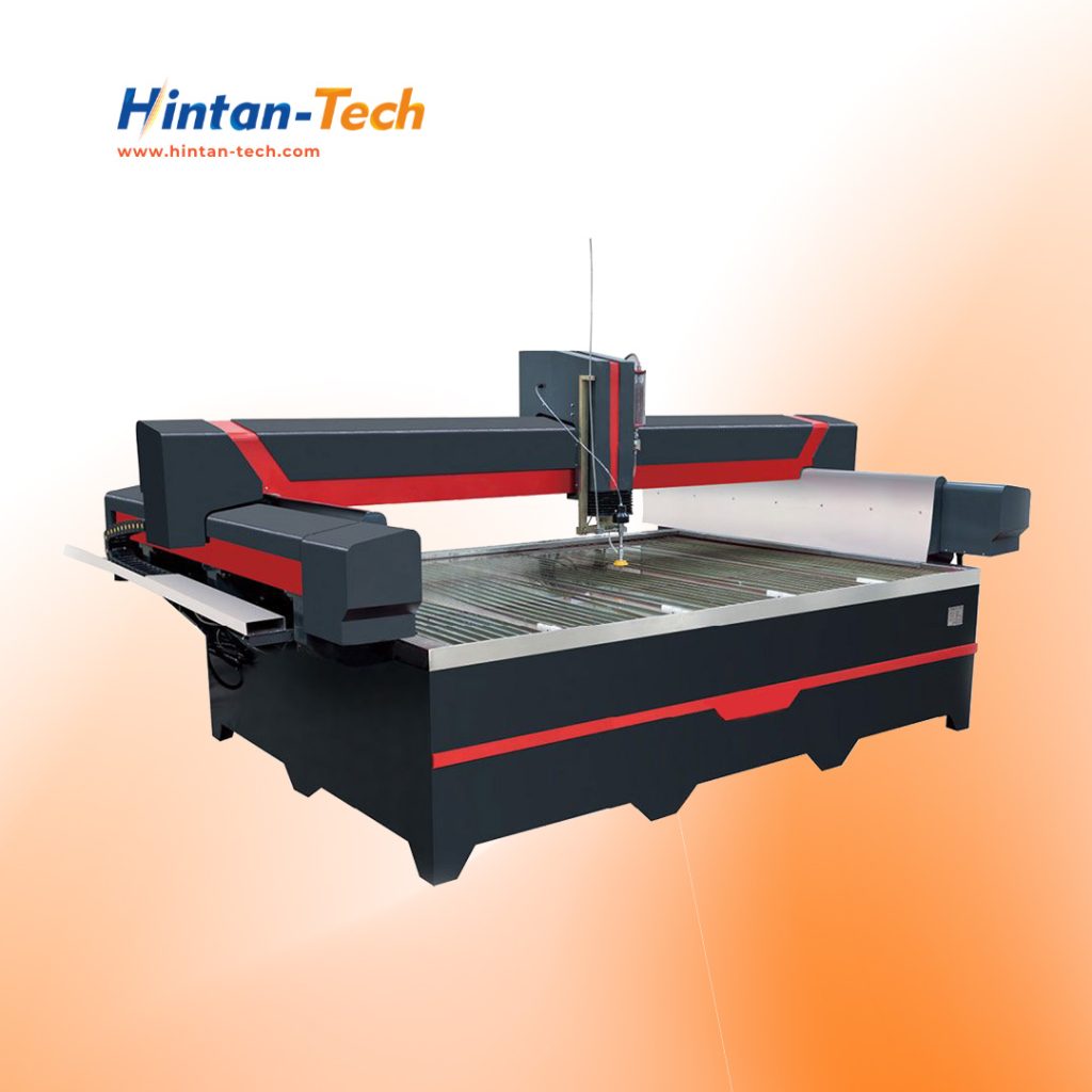 Hintan-Tech Waterjet Machine cutting intricate patterns on architectural glass panels